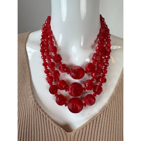 Vintage Triple-Strand Red Lucite Beaded Necklace With Brass Findings & Hook Clas - Picture 1 of 16